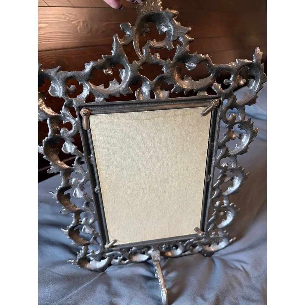 Vintage Ornate Silver Metal Vanity Mirror Rococo Filigree Easel Back Tabletop